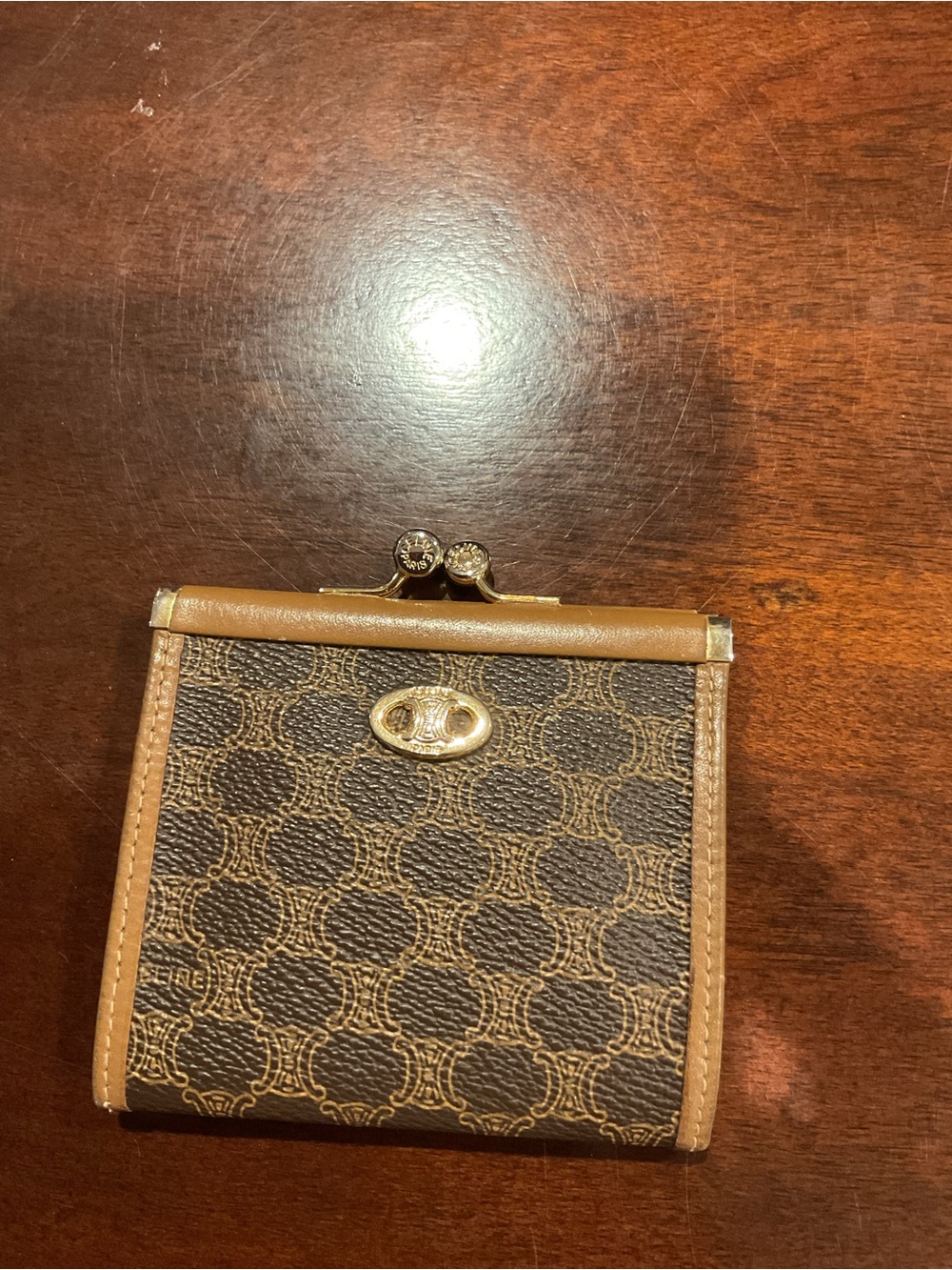 Celine Brown Monogram Kiss-Lock Wallet with Tan Trim